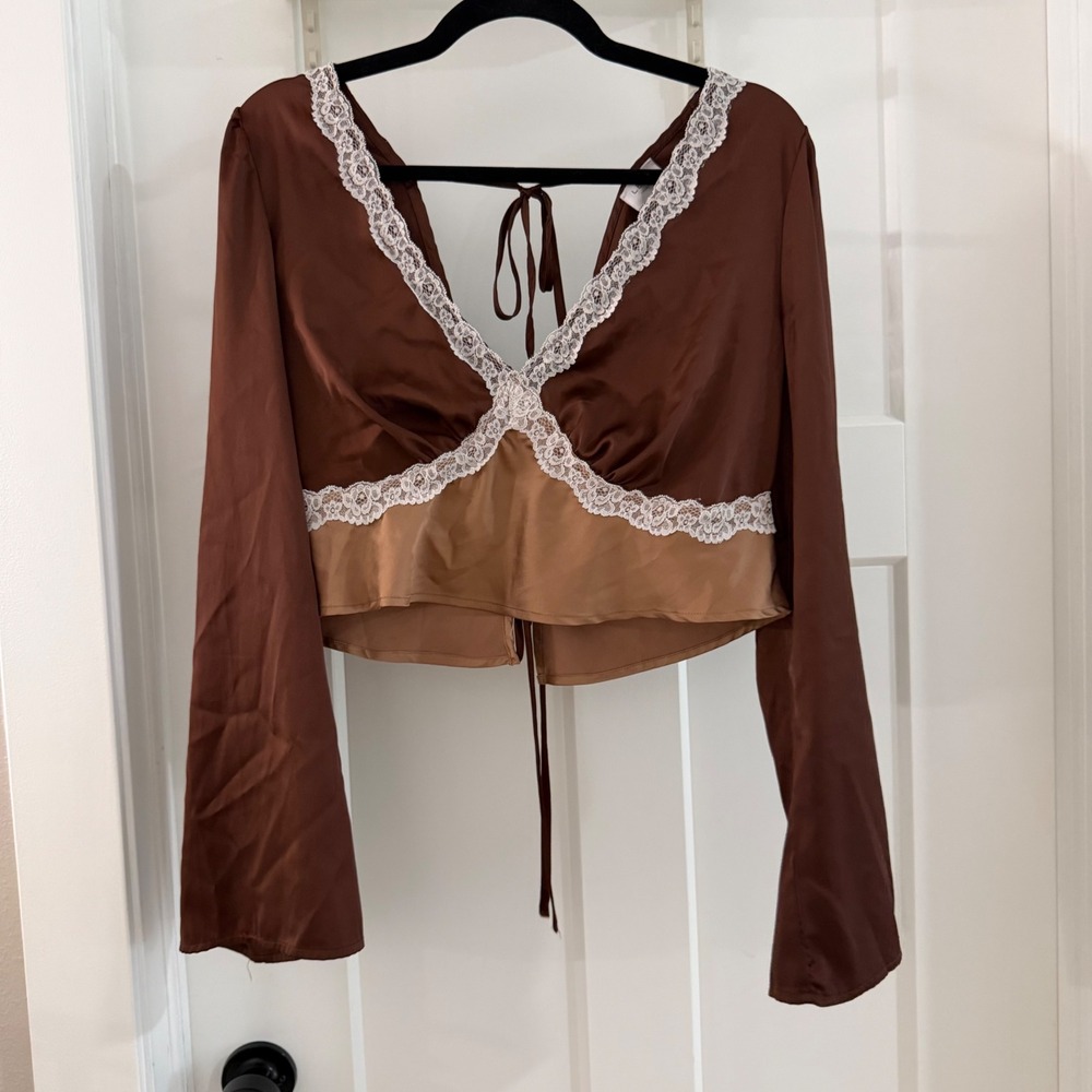 Lelis Brown Satin Lace Trim Open Back Long Sleeve Crop Top Womens L Romantic